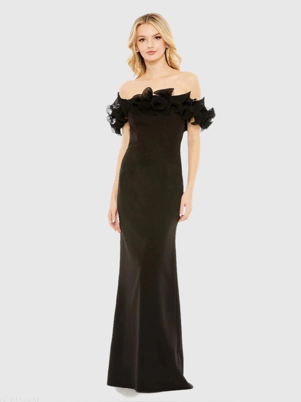 NWT Ieena for MAC DUGGAL Off the Shoulder Ruffle Detail Column Gown